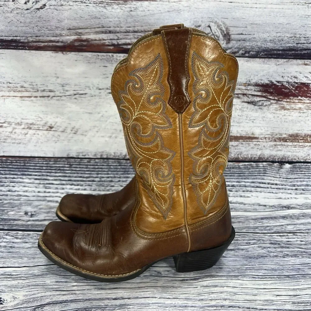 Ariat Round Up Square Toe Western Brown Leather Boots 10011893 Women’s Size 6.5